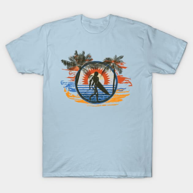 Summer Sun Surfing Beach Palm Trees T-Shirt by ddtk